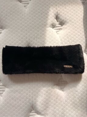 bebe Black Faux Fur Headband with Gold Logo Plaque